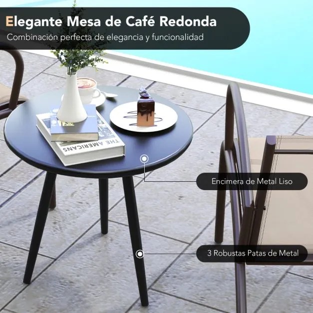 Conjunto jardim de 3 peças com 2 cadeiras com assento em tecido curvo e mesa de café redonda 81 x 63 x 73 cm Castanho claro