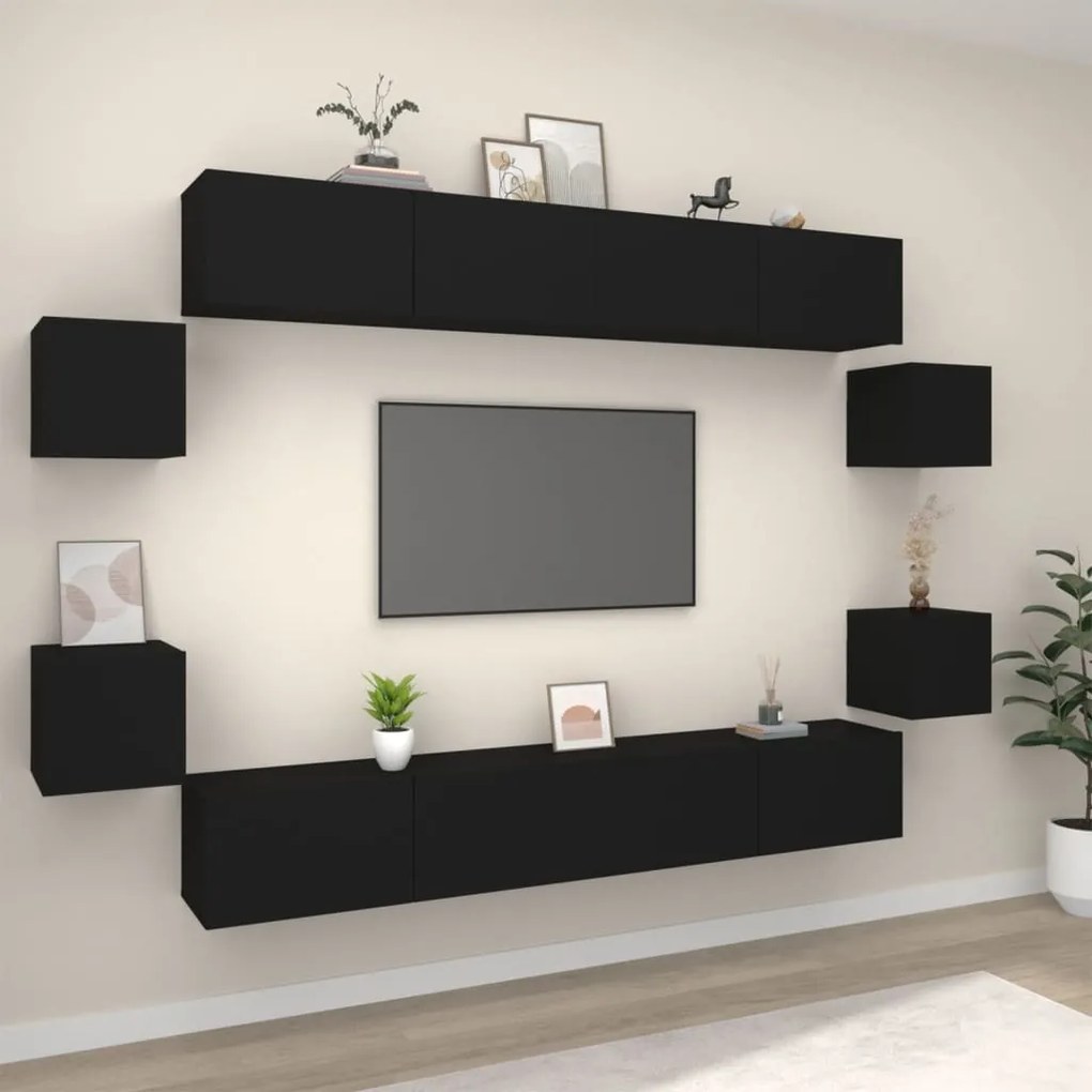 vidaXL Conjunto móveis de TV 8 pcs madeira processada preto