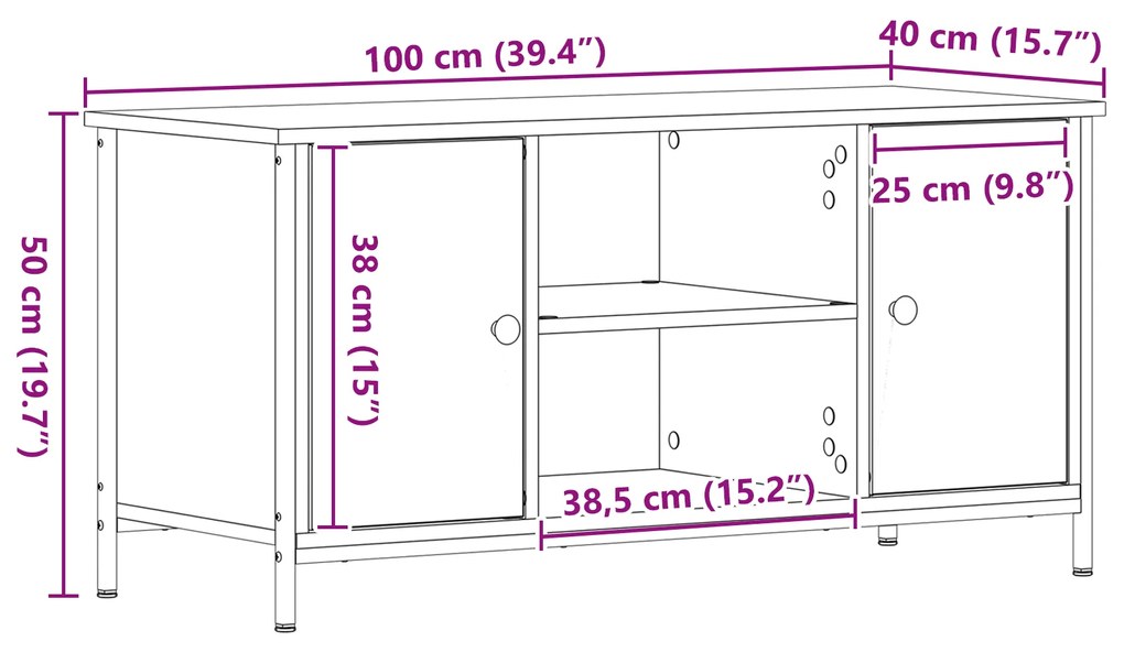 Armário de TV vidaXL Carvalho Preto 100x40x50 cm Madeira e Aço