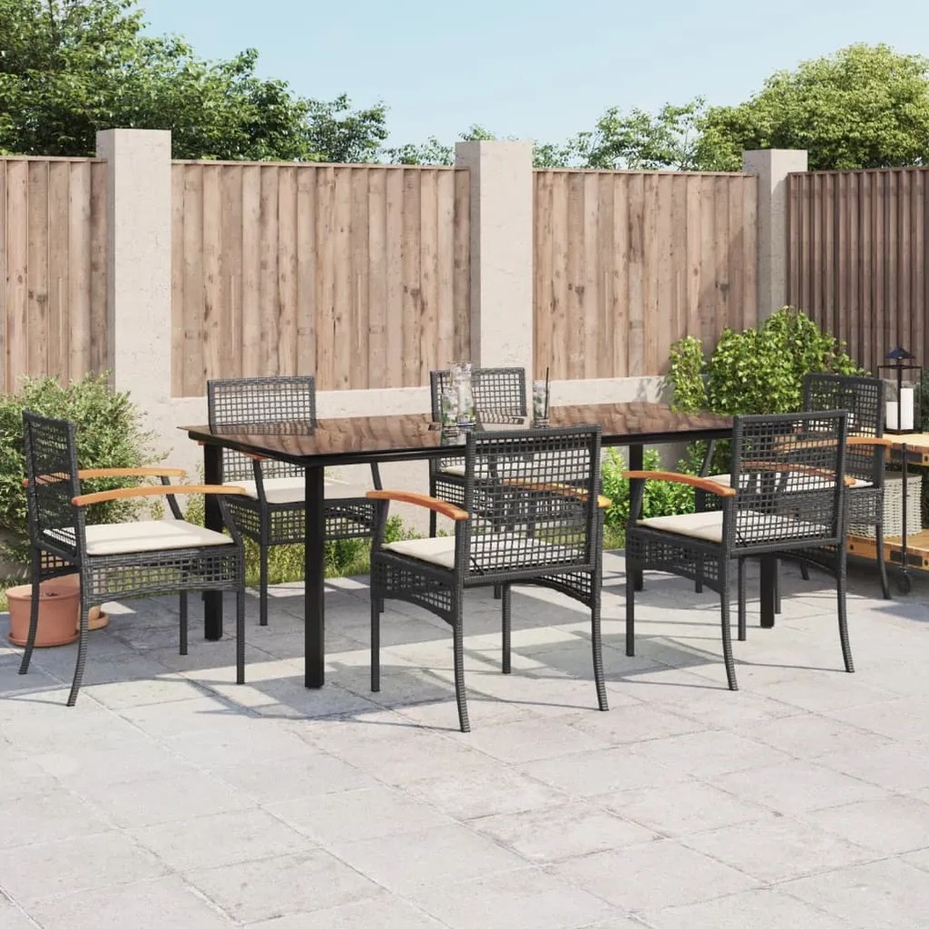 vidaXL 7 pcs conjunto de jantar p/ jardim c/ almofadões vime PE preto