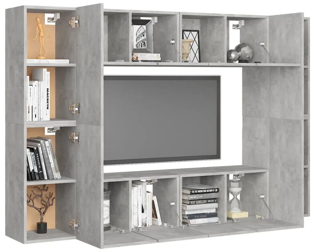 8 pcs conjunto de móveis de TV contraplacado cinzento cimento