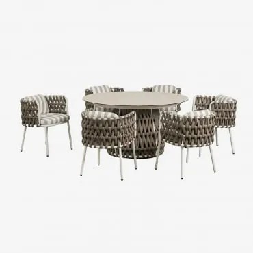 Conjunto De Mesa Redonda Ø140 Cm Em Cerâmica E 6 Cadeiras De Jardim Com Apoios De Braços Em Alumínio E Corda Trançada Tevary Gardénia Branco & Tecido
