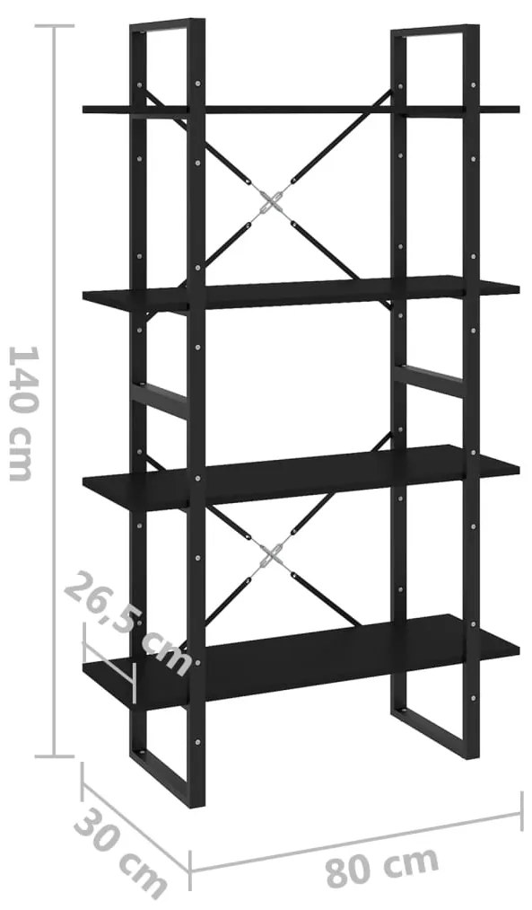 Estante com 4 prateleiras 80x30x140 cm derivados madeira preto