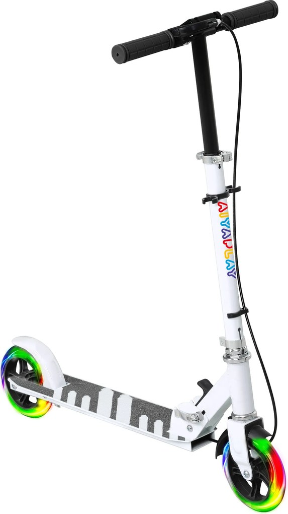 AIYAPLAY Trotinete Dobrável para Crianças de 3-8 Anos com Luzes LED Guiador com 4 Alturas Ajustáveis Travão Traseiro e de Mão 73x36x73-89 cm Branco | Aosom Portugal