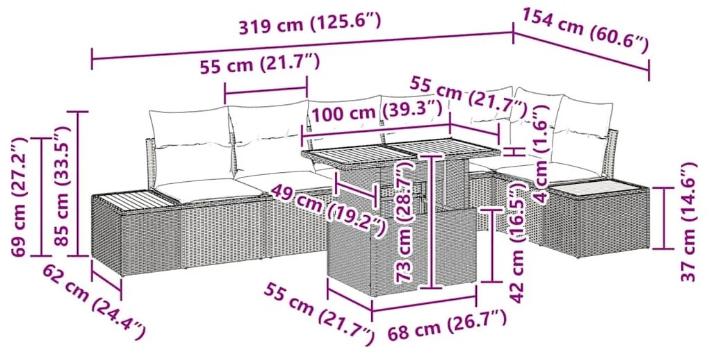 Conjunto de Jantar de Jardim em 7 Peças com Almofadas Bege
