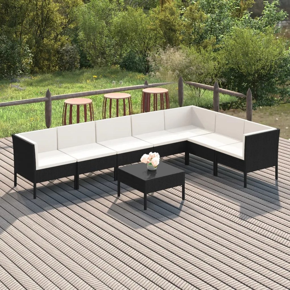 vidaXL 8 pcs conjunto lounge de jardim c/ almofadões vime PE preto