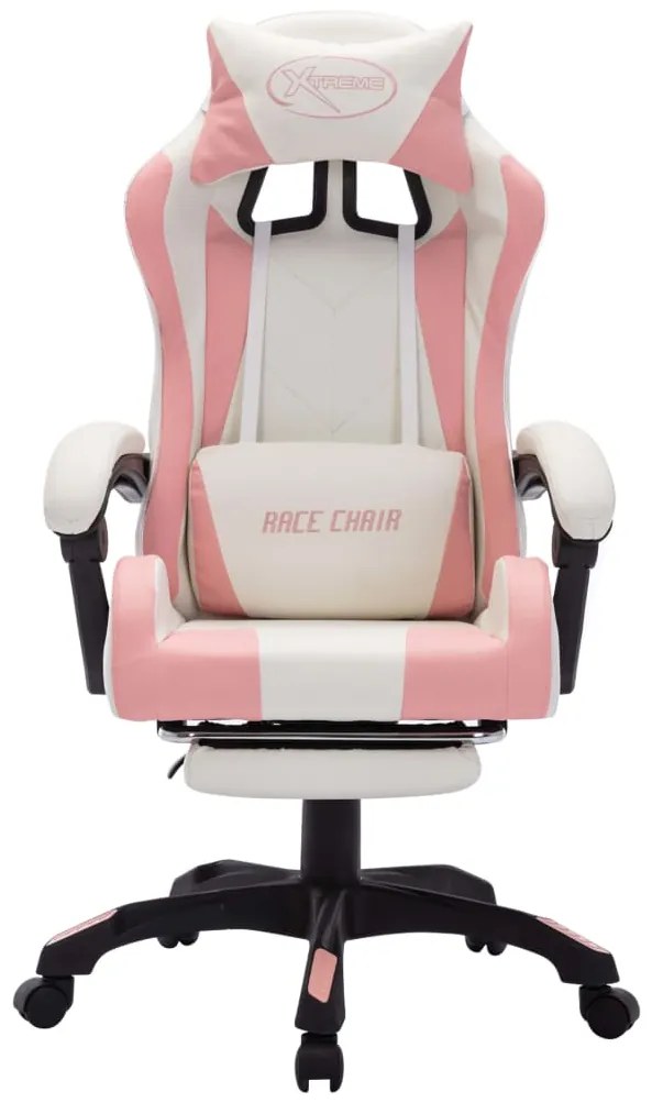 Cadeira estilo corrida c/ luzes LED RGB couro arti. rosa/branco
