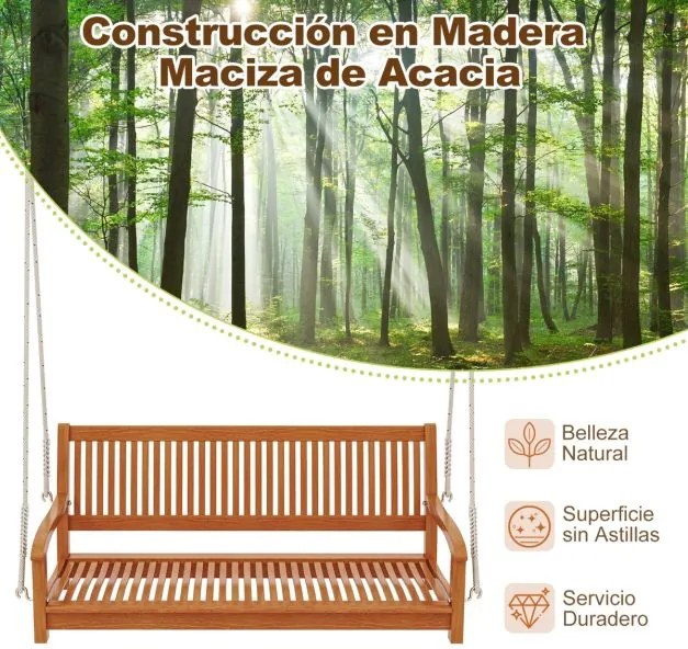 Banco de madeira suspenso para varanda para 2 pessoas com ganchos e cordas para jardim Carga 360kg Castanho