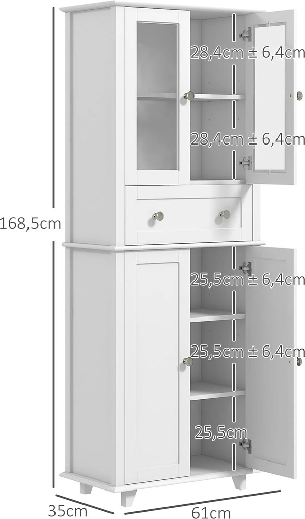 Armário de Cozinha Móvel Auxiliar de Cozinha com 2 Portas de Vidro Gaveta e Prateleiras Ajustáveis 61x35x168,5 cm Branco