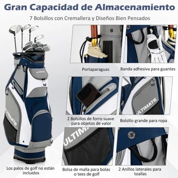 Saco para golfe Bolsa leve e portátil com 14 divisórias, 7 bolsos, capa para chuva, 42 x 31 x 91,5 cm Azul Marinho + Cinza