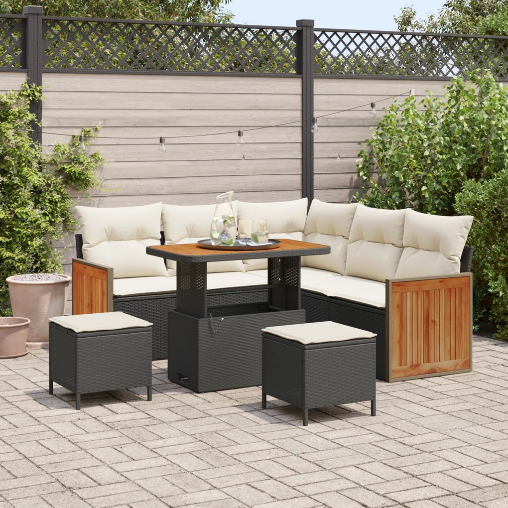 Conjunto de Sofá de Jardim de 8 Peças com Almofadas Pretas de Rattan Poliéster e Acácia