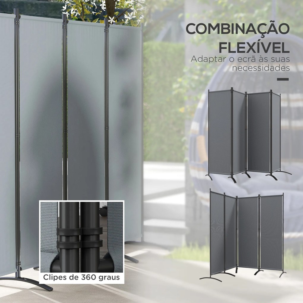 Biombo Separador de Ambientes de 4 Painéis Biombo Dobrável 221x172 cm com Pés Largos para Terraço Pátio Jardim Cinza Escuro