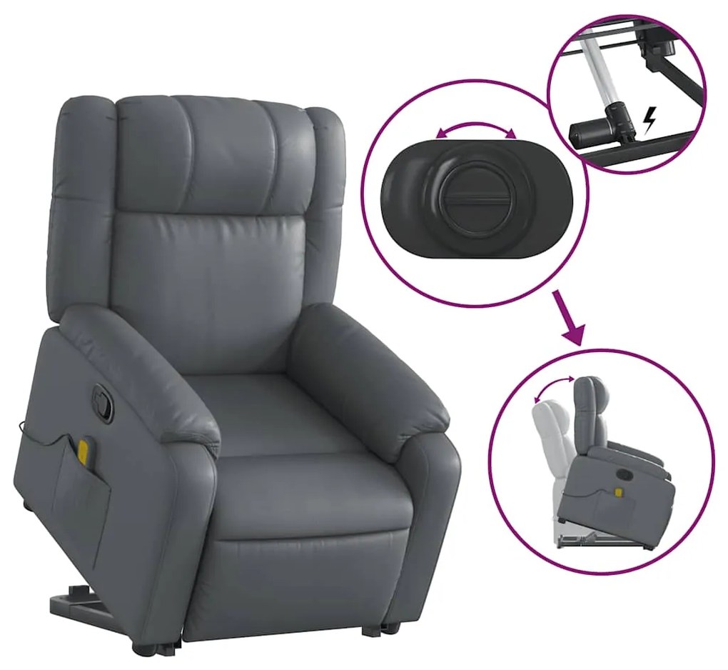 Poltrona massagens reclinável elevatória couro artif. cinzento