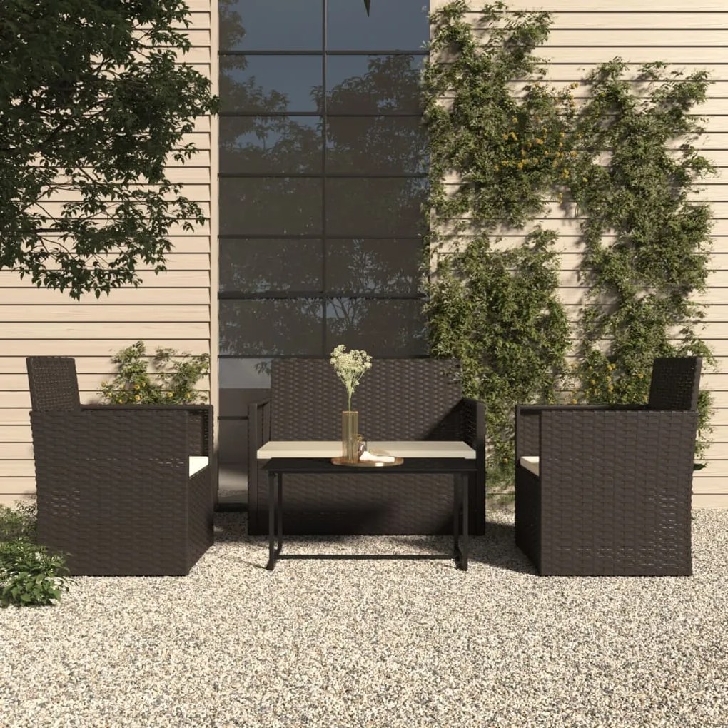 319194 vidaXL 4 pcs conjunto lounge de exterior c/ almofadões vime PE preto