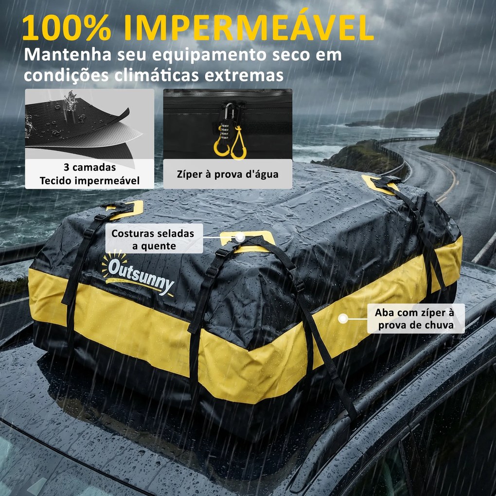 Mala de Teto para Carro 425 L Impermeável com 8 Correias Tapete Antiderrapante e Ganchos para Veículos Preto e Amarelo