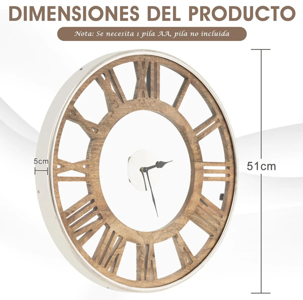 Relógio de parede decorativo moderno madeira de 51 cm com estrutura clássica e tampa de vidro em algarismos romanos L