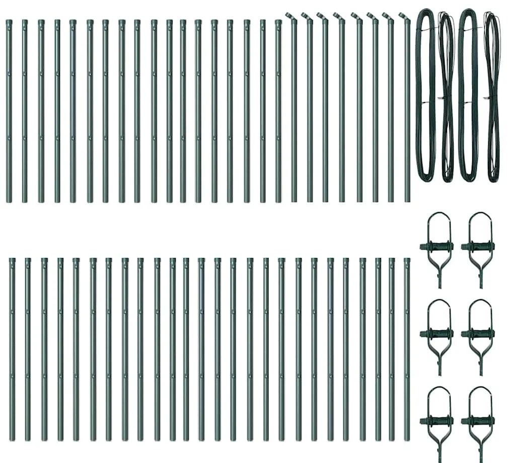 Postes de Cerca 52 peças Verde Ø32mm 100cm Aço Galvanizado