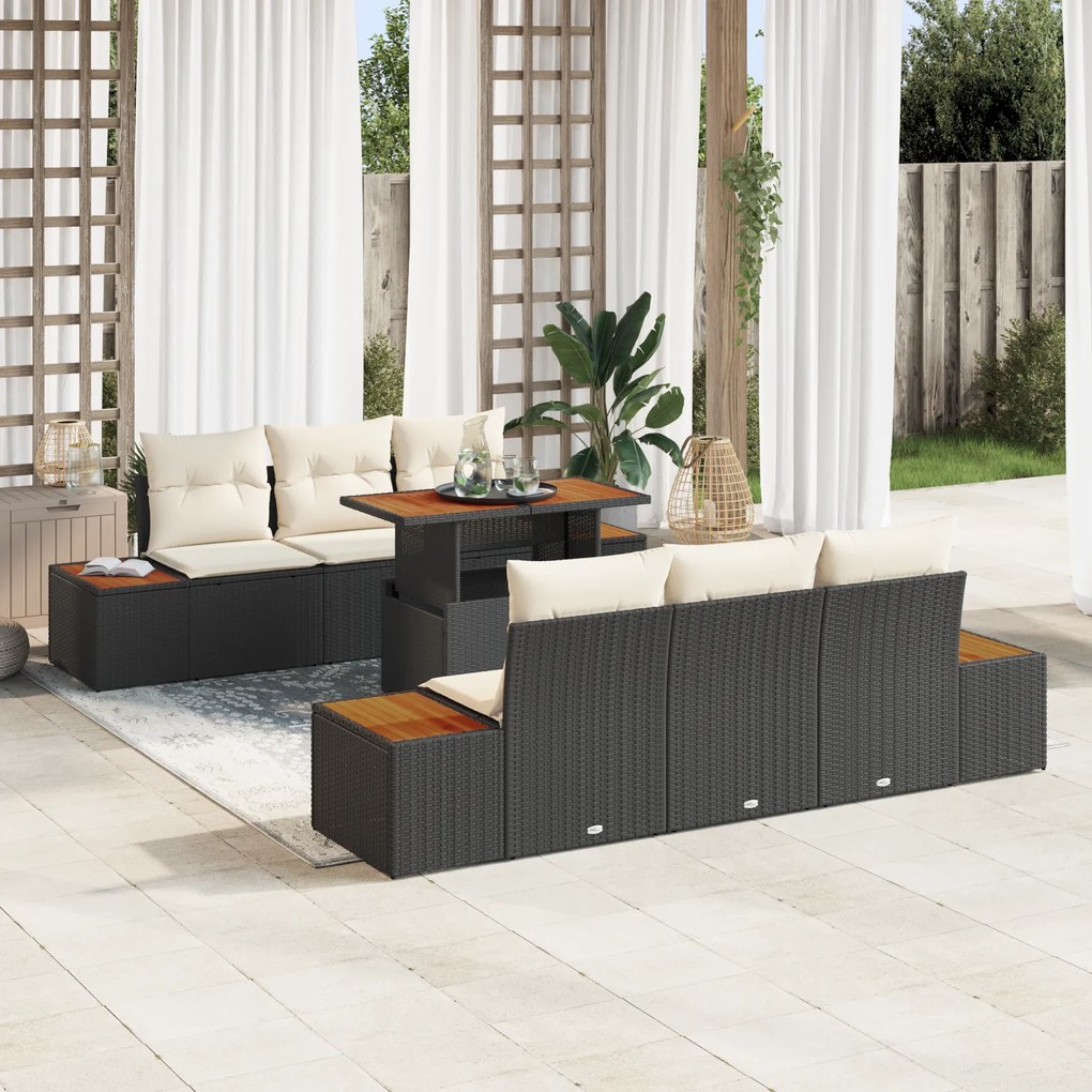 vidaXL Conjunto de Jantar de 7 Peças com Almofadas Preto Rattan PE Acácia