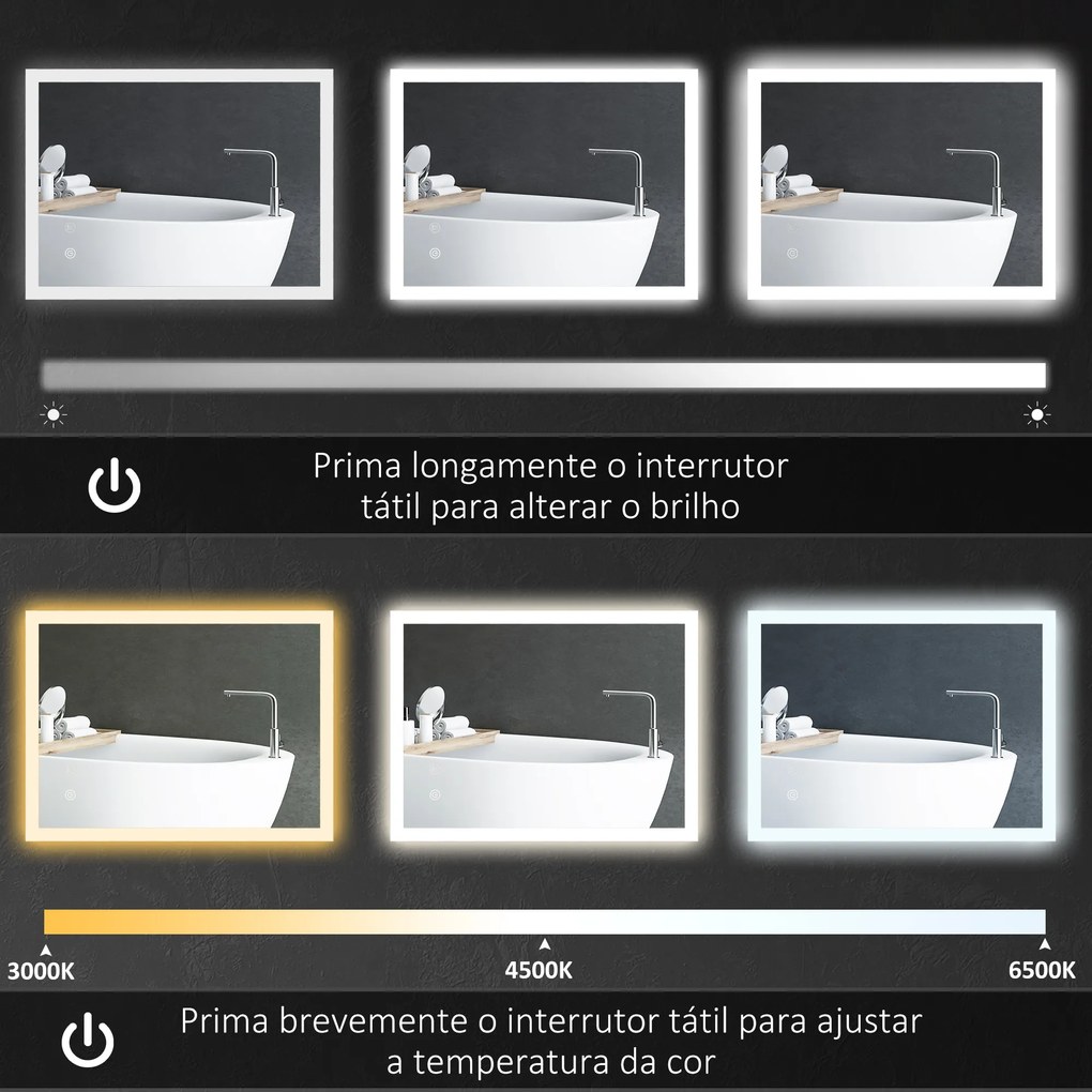 Espelho Casa de Banho com Luzes LED 70x50 cm Função Antiembaciamento 3 Cores Função de Memória e Interruptor Tátil Prata