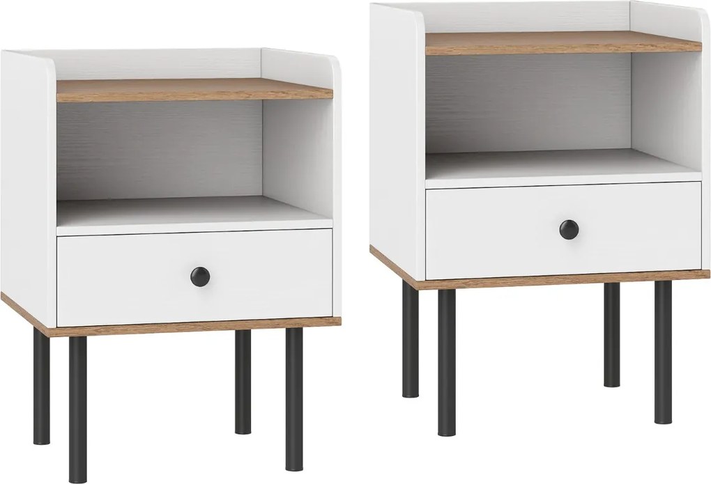 Conjunto de 2 mesas de cabeceira 40,5 x 35 x 56 cm com gaveta e prateleira aberta, pernas de metal, mesa auxiliar compacta para sala ou quarto, branca