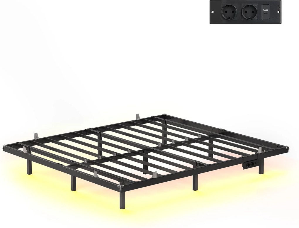 Estrutura de cama 160 x 200 cm com iluminação LED, porta USB-C e extensão (COLCHÃO NÃO INCLUIDO) Preta