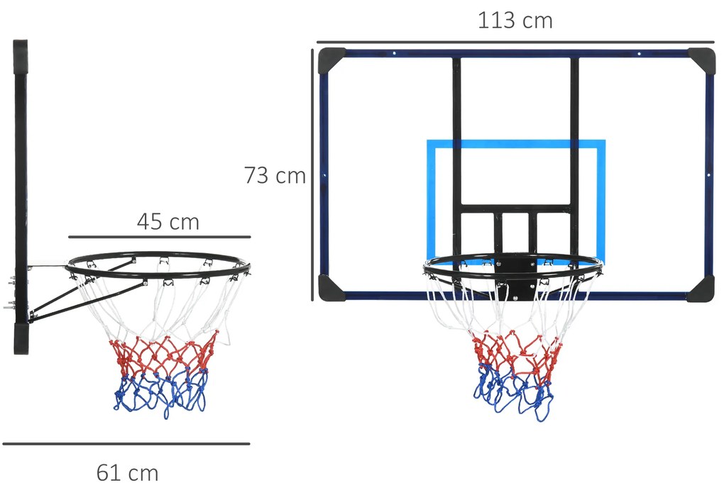 Tabela de Basquetebol de Parede Cesta de Basquetebol para Exterior 113x61x73 cm Azul e Preto