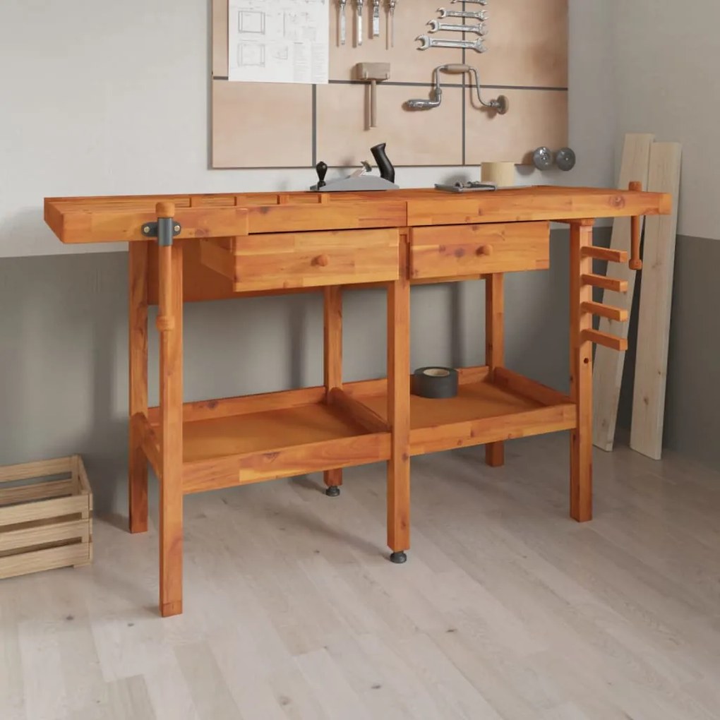 153323 vidaXL Bancada de trabalho + gavetas/tornos 162x62x83 cm acácia maciça