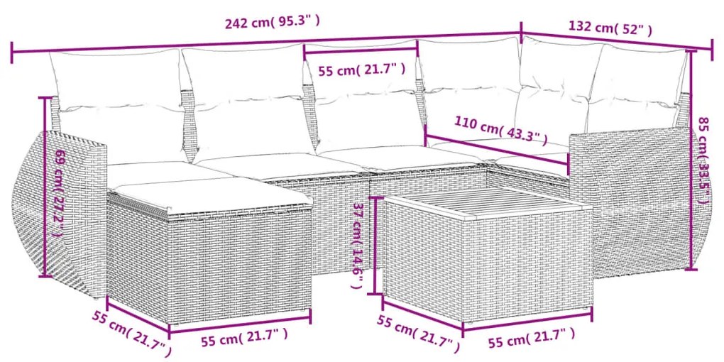 7 pcs conjunto de sofás p/ jardim com almofadões vime PE bege
