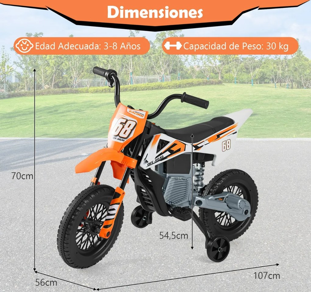 Mota elétrica para crianças 12V com rodas de treino removíveis e suspensão com molas Laranja