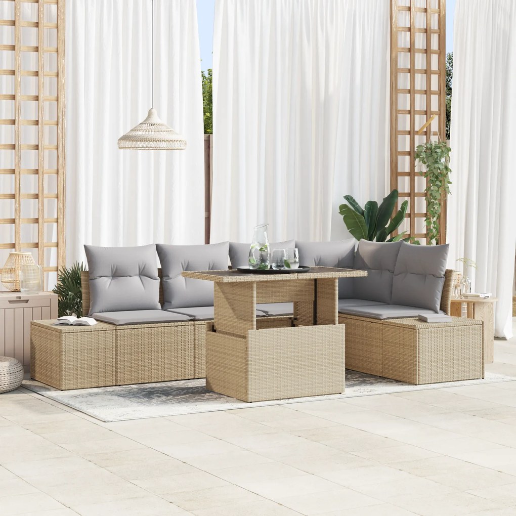 Conjunto de Sofá de Jardim de 6 Peças com Almofadas Bege em Rattan Sin