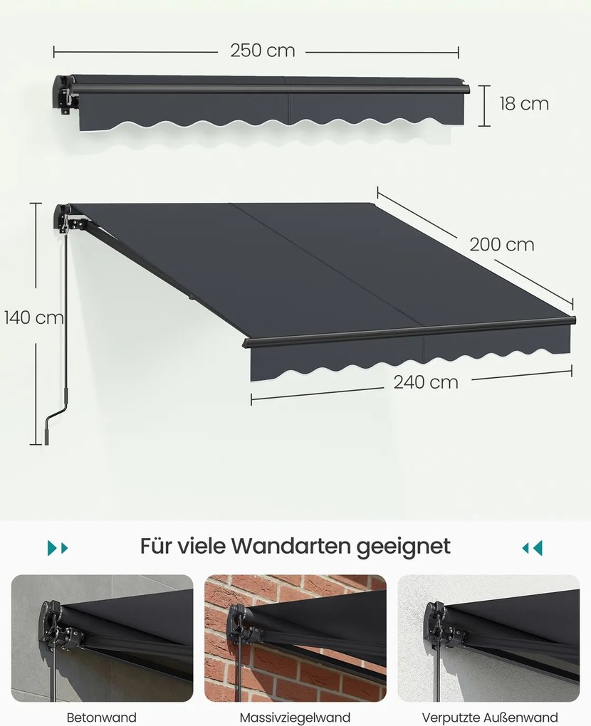 Toldo varanda articulado 250 x 200 cm com manivela para uma proteção solar fiável, cinzento