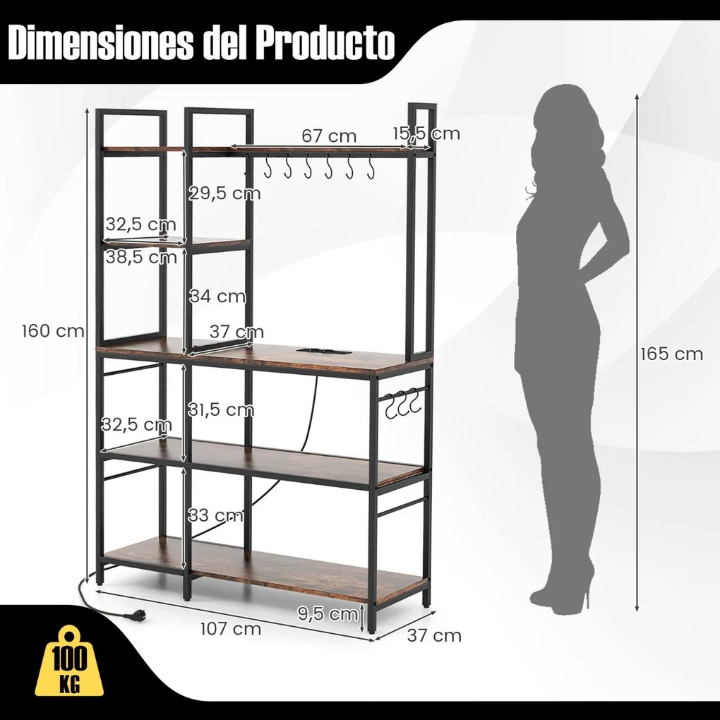 Estante de 5 níveis para cozinha com 2 tomadas e com 10 ganchos 107 x 37 x 160 cm para micro-ondas Castanha