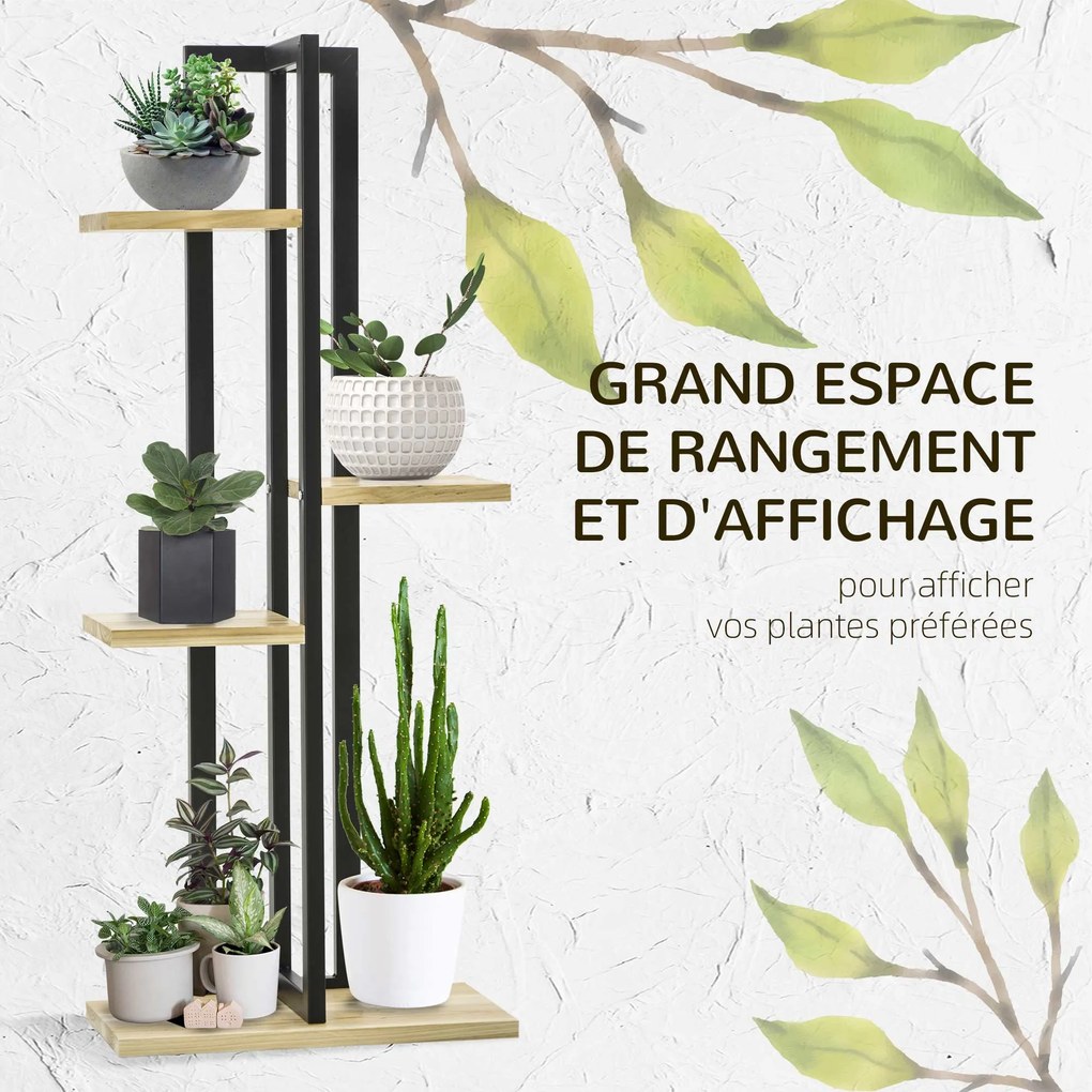 Estante para plantas 45 x 25 x 110 cm em forma de escada com 4 níveis de alturas diferentes, estilo industrial, em madeira, preto e natural
