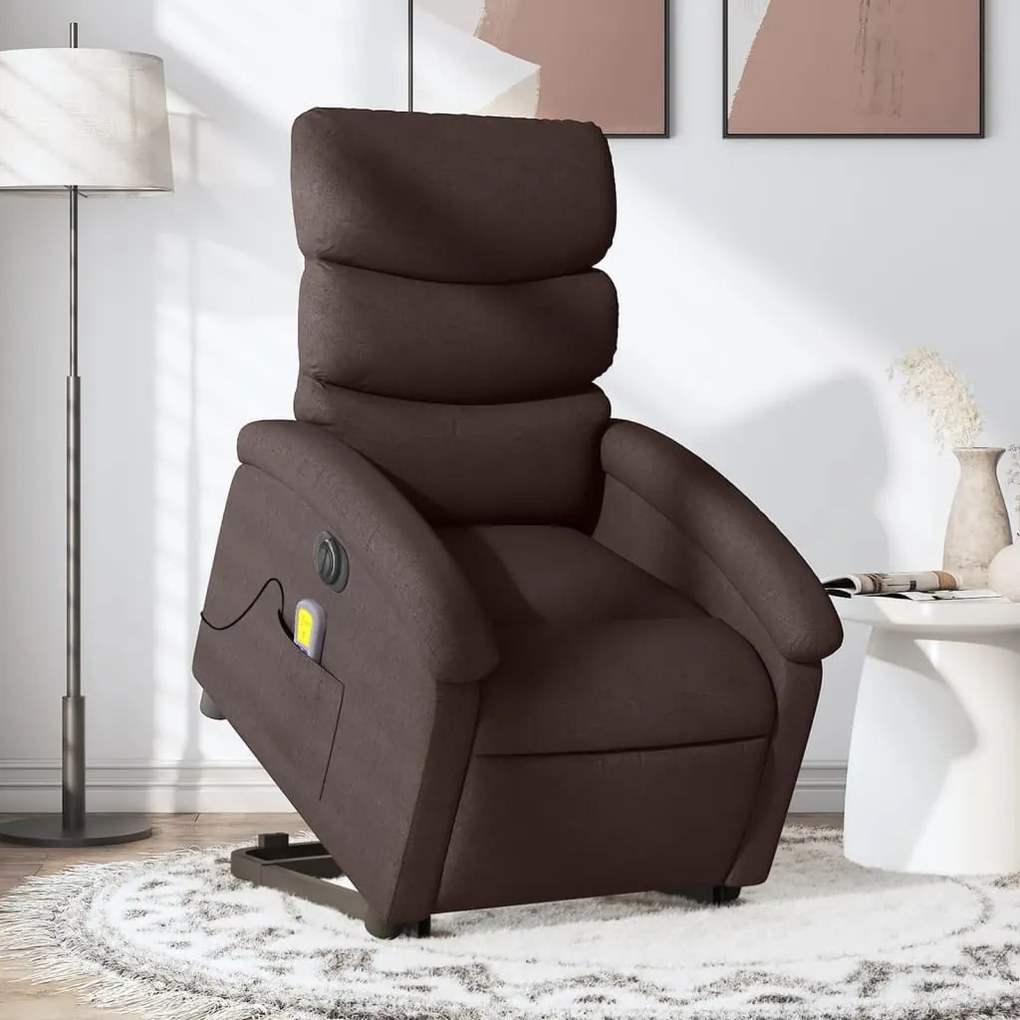 vidaXL Poltrona elétrica elevatória massagens tecido castanho-escuro