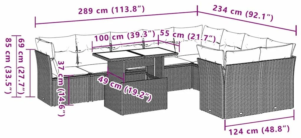 10 pcs conjunto sofás de jardim c/ almofadões vime PE preto