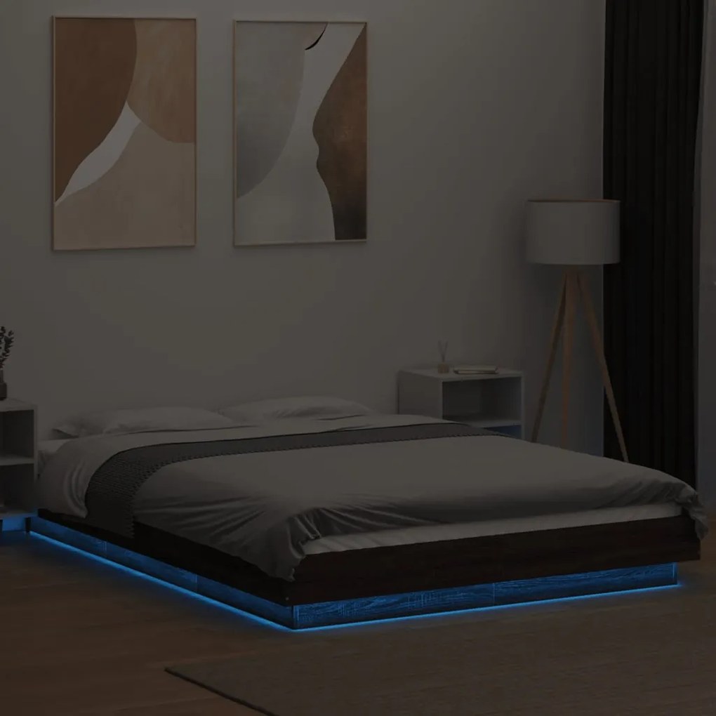 Estrutura cama c/ luzes LED derivados madeira carvalho castanho