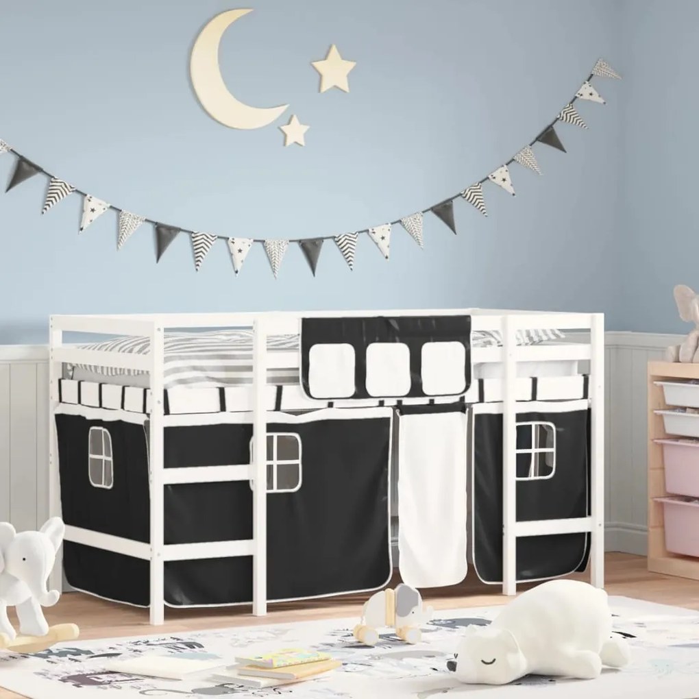vidaXL Cama alta criança c/ cortina 90x190cm pinho maciço branco/preto