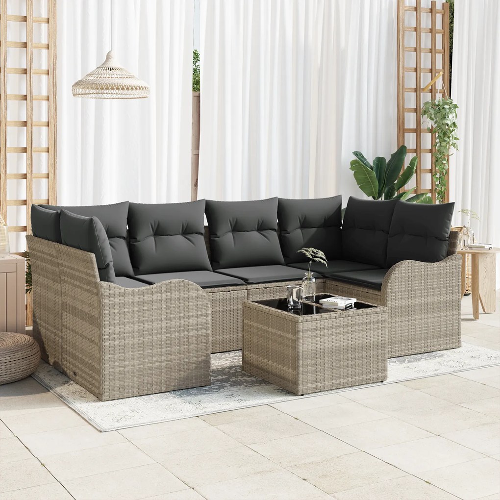 vidaXL Conjunto de Sofás de Jardim de 7 Peças com Almofadas Cinza Claro em Rattan Sintético