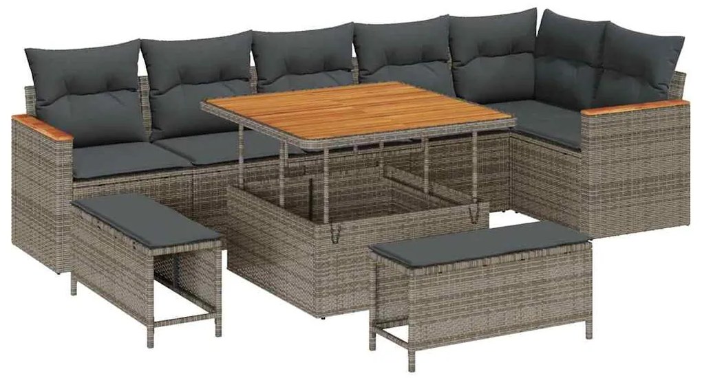Conjunto de Sofá de Jardim vidaXL 9 Peças com Almofadas Cinza Rattan A