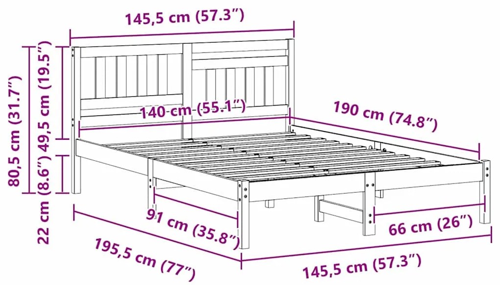 Estrutura da Cama com cabeceira Castanho 140 x 190 cm