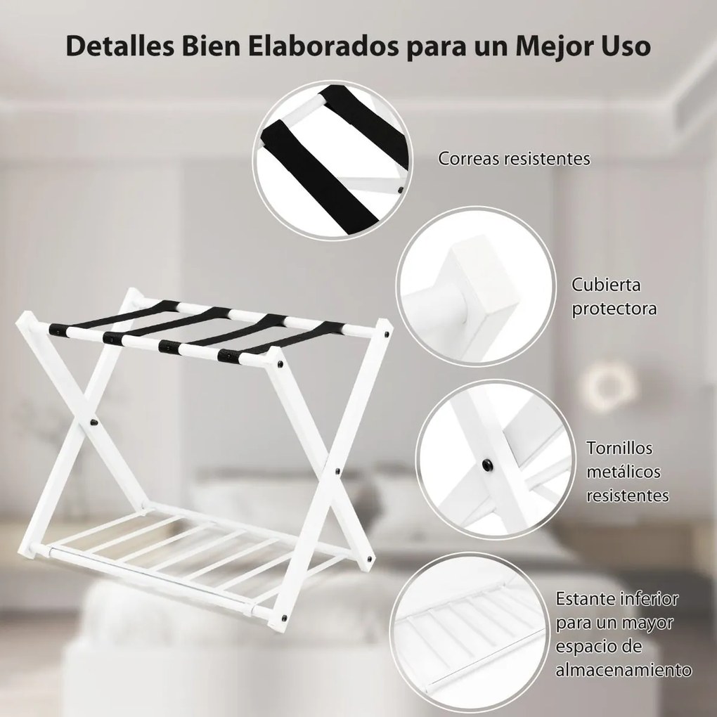Estante dobrável de metal para bagagens até 60 kg com 4 correias estáveis e design de 2 andares para casa e hotel Branco