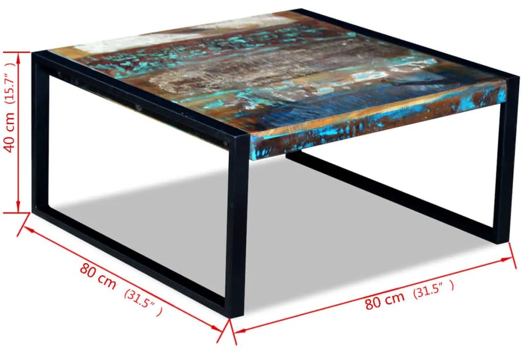 Mesa de centro 80x80x40 cm madeira reciclada maciça