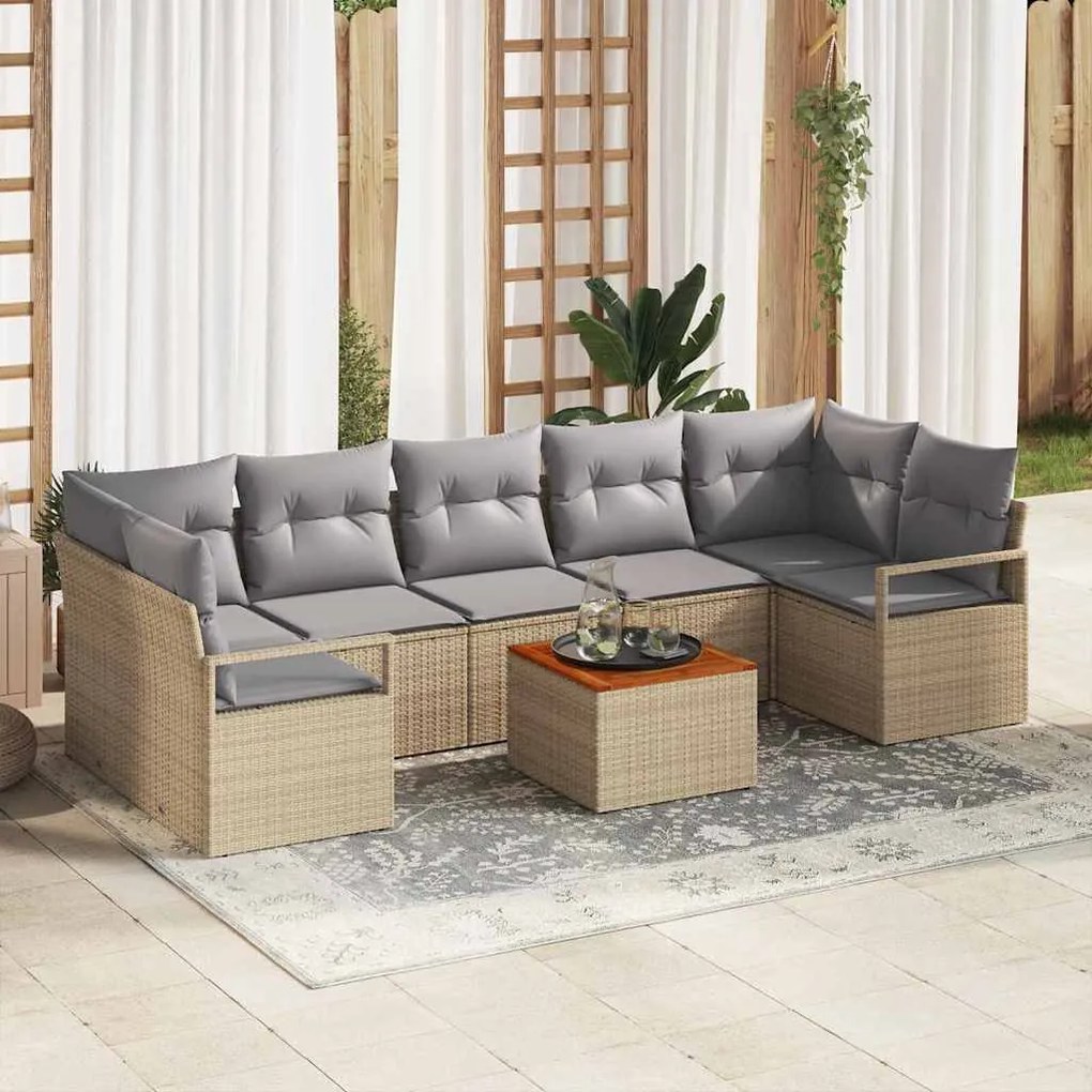 vidaXL Conjunto de sofá de jardim em 8 peças com almofadas bege em rattan de poliéster.