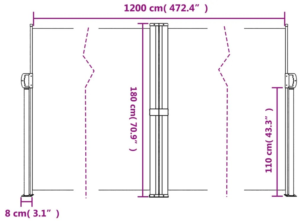 Toldo lateral retrátil 180x1200 cm cinzento-acastanhado