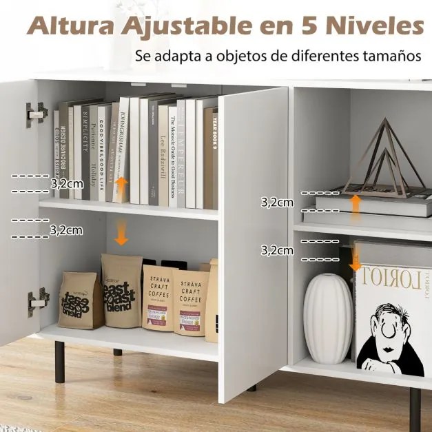 Aparador Buffet Armário de cozinha moderno com 2 portas e Estantes 106 x 38 x 80 cm Branco