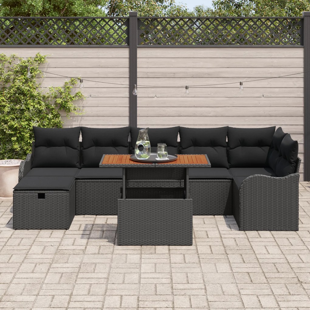 Conjunto de Sofá de Jardim vidaXL 8 Peças com Almofadas Preto Rattan P