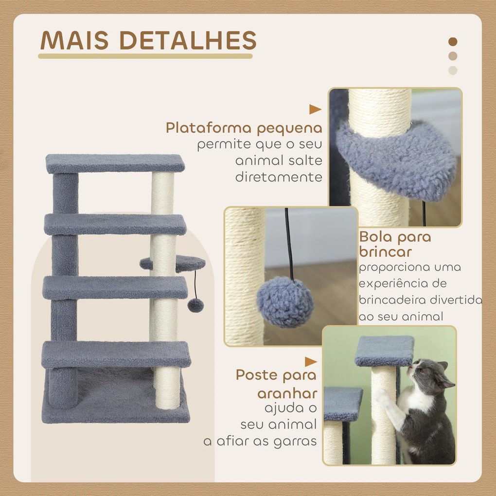 Arranhador para Gatos de 4 Níveis Escada para Animais de Estimação Revestida com Franela Suave Poste de Sisal Bola Suspensa 60x40x64 cm Cinzento
