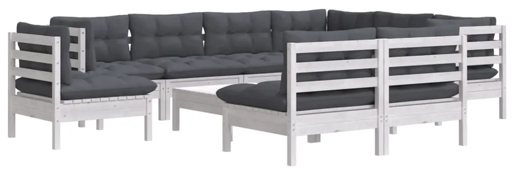 10 pcs conj. lounge de jardim c/ almofadões pinho maciço branco