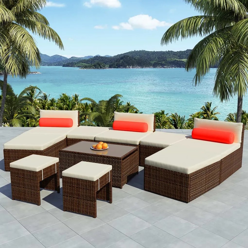 vidaXL 10 pcs conjunto lounge jardim c/ almofadões vime PE castanho