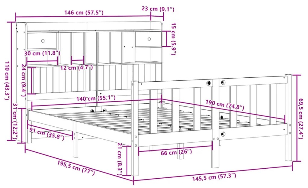 Cama com estante sem colchão 140x190 cm pinho maciço branco